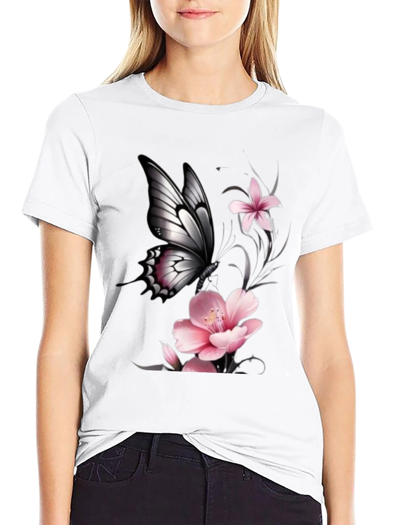 Black Butterfly Floral Graphic T-Shirt