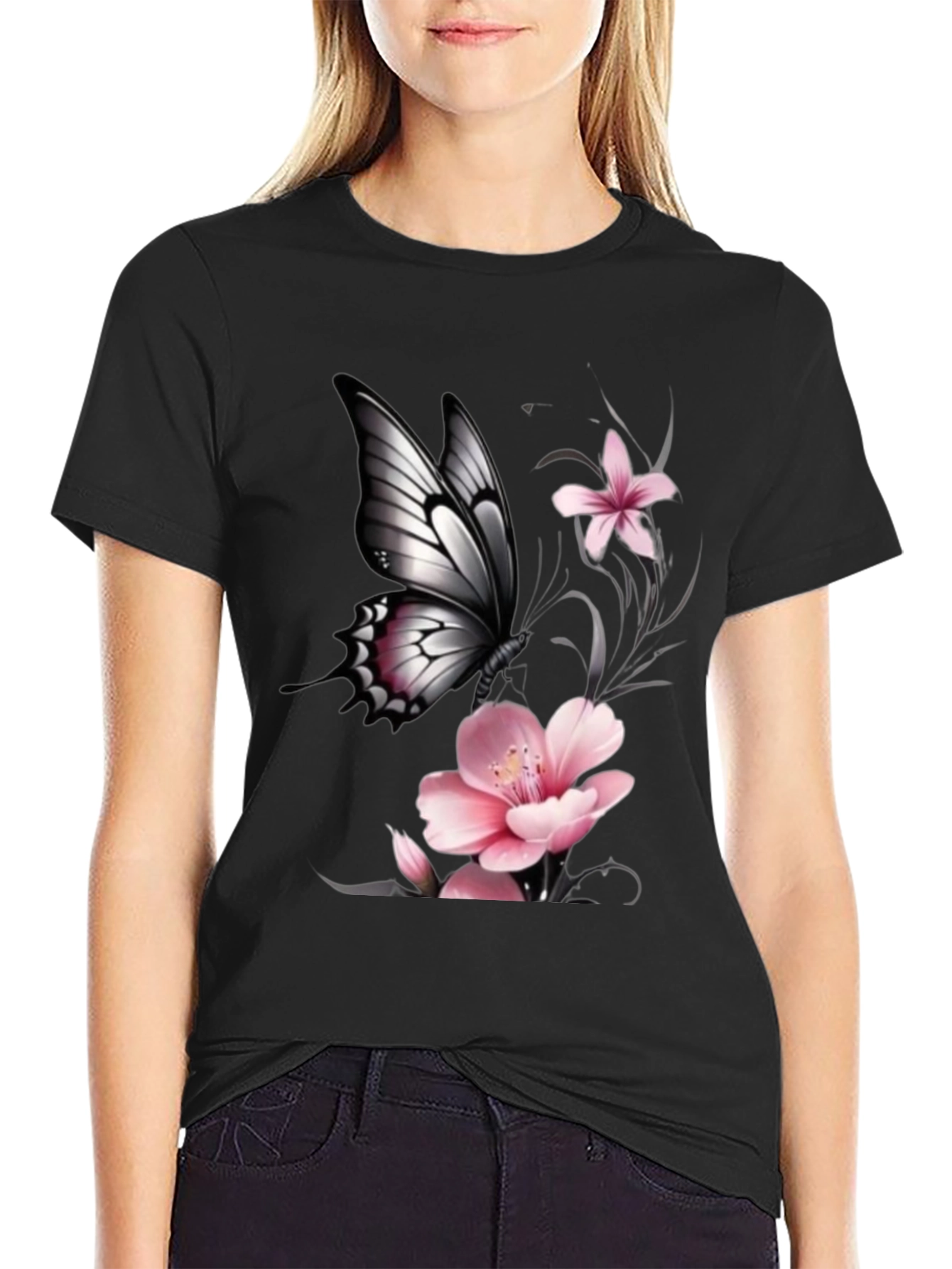 Black Butterfly Floral Graphic T-Shirt