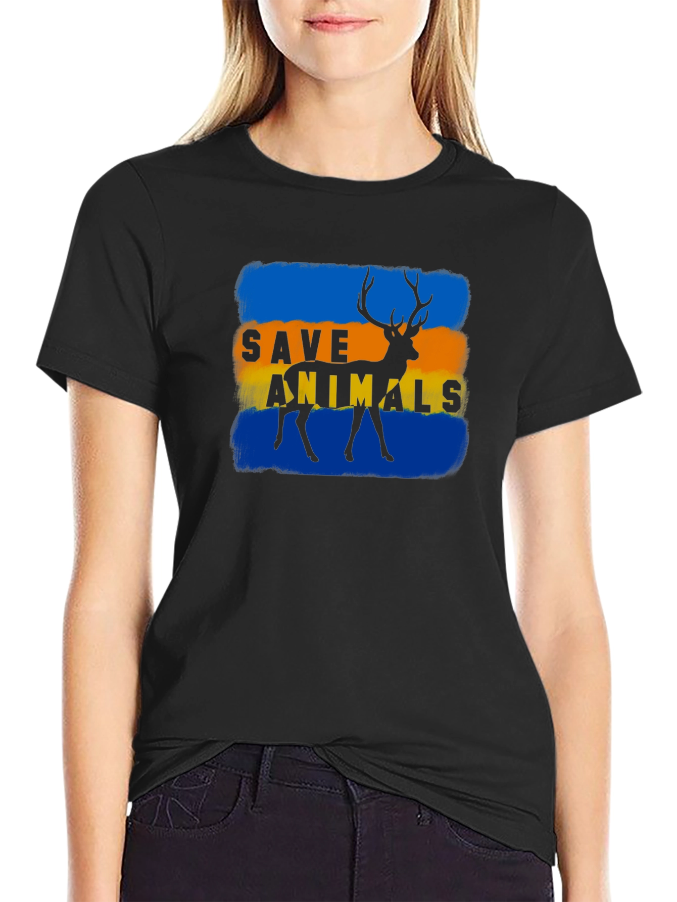 Save Animals Deer Graphic Black T-Shirt