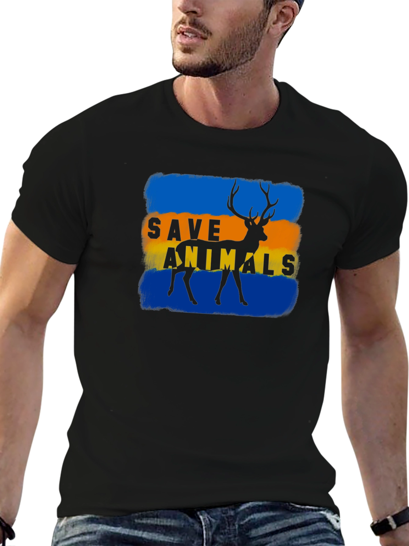 Save Animals Deer Graphic Black T-Shirt
