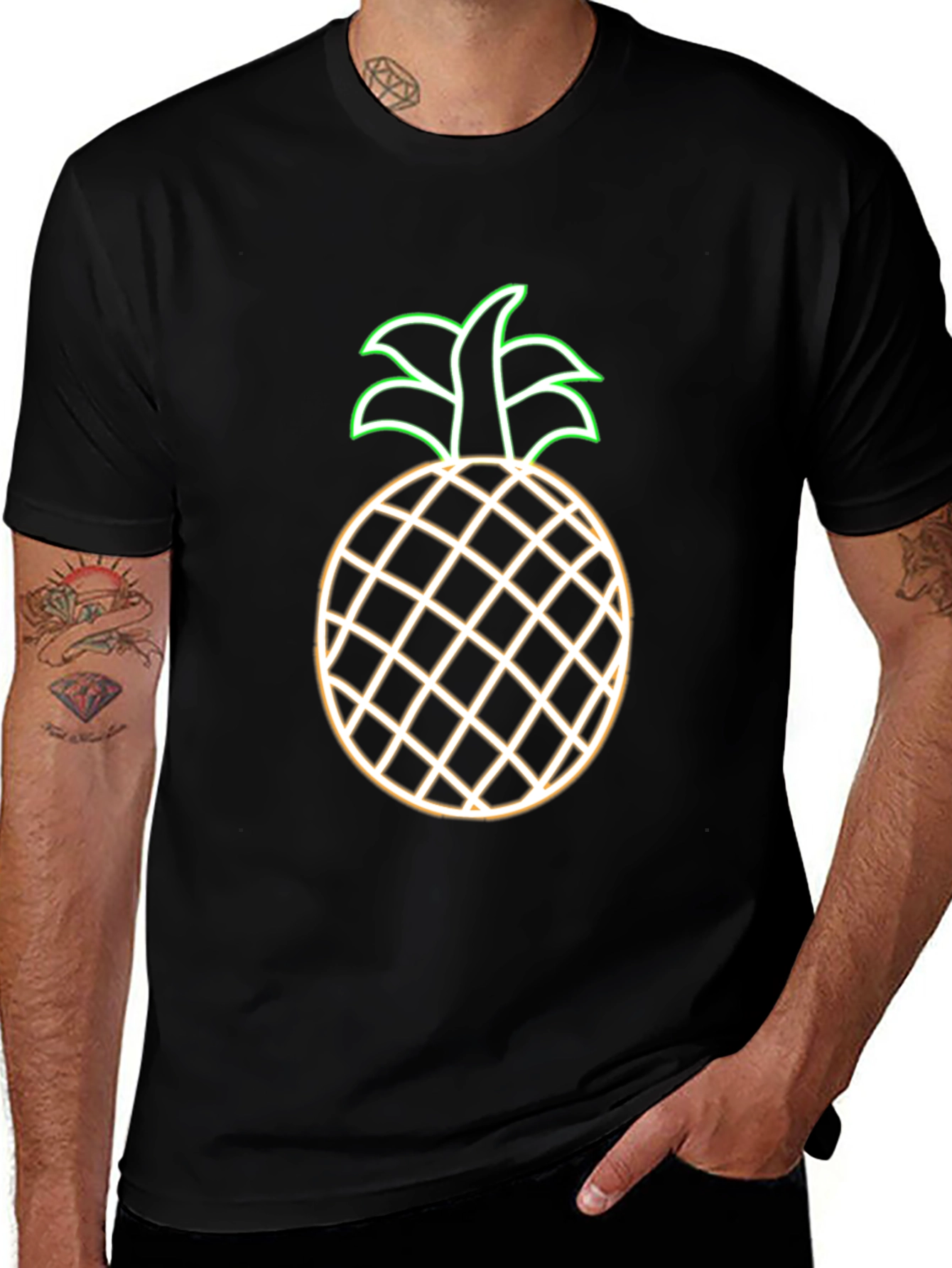 Neon Pineapple Graphic Tee - Black Casual T-Shirt