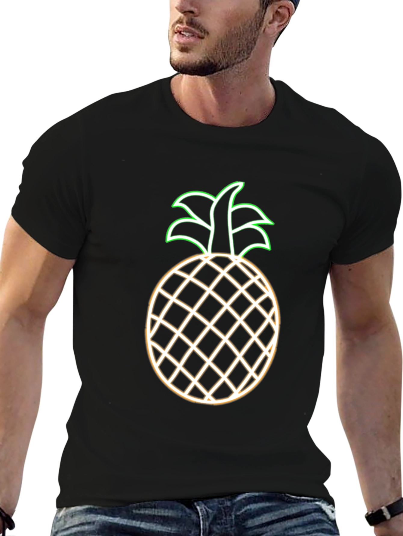 Neon Pineapple Graphic Tee - Black Casual T-Shirt