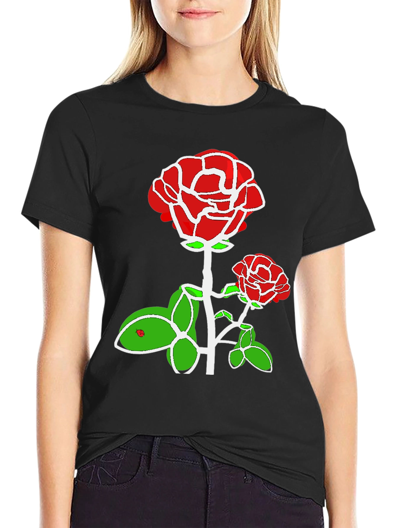 Red Rose Graphic Print Black T-Shirt