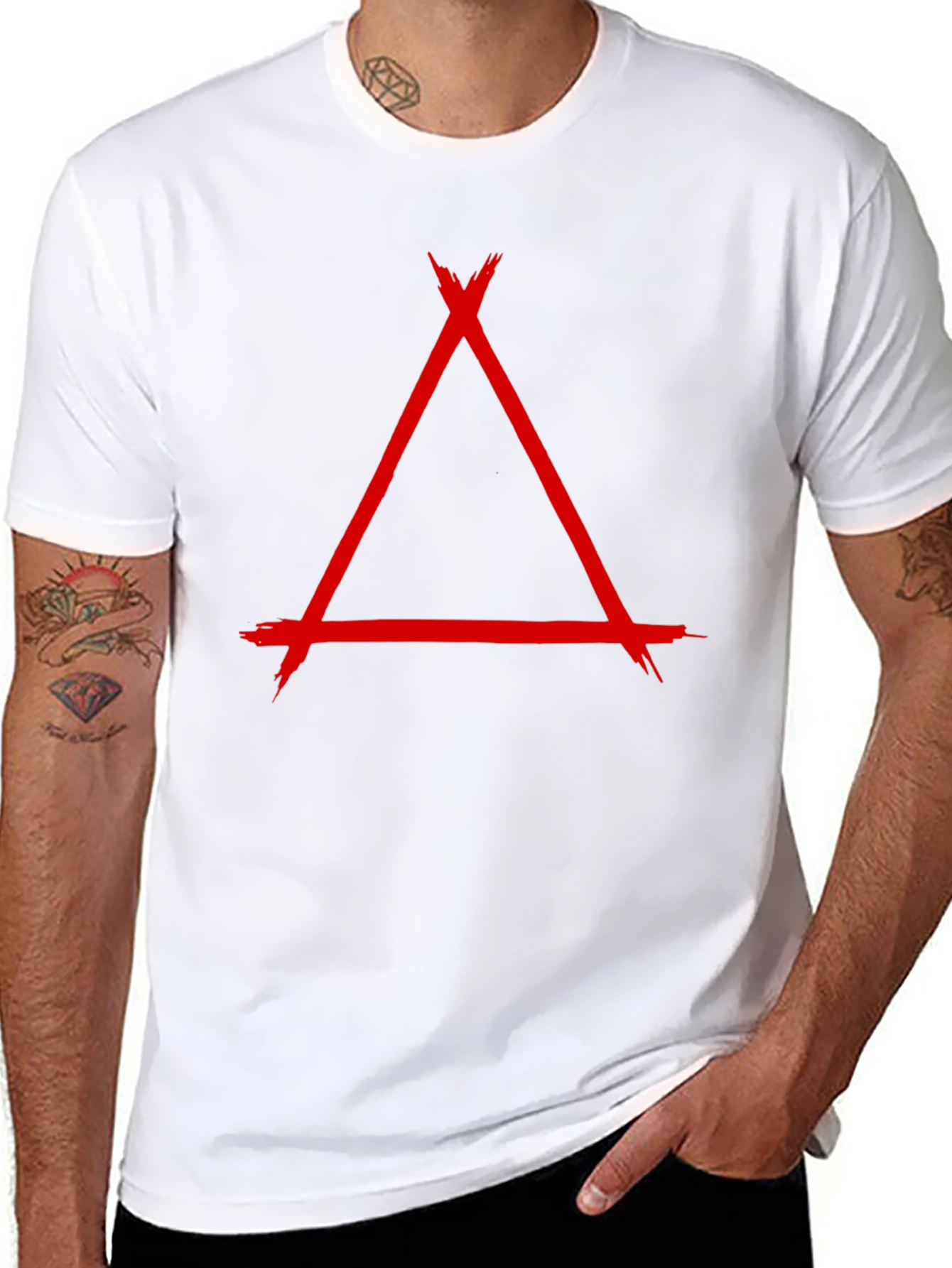Geometric Red Triangle Graphic Print Black T-Shirt