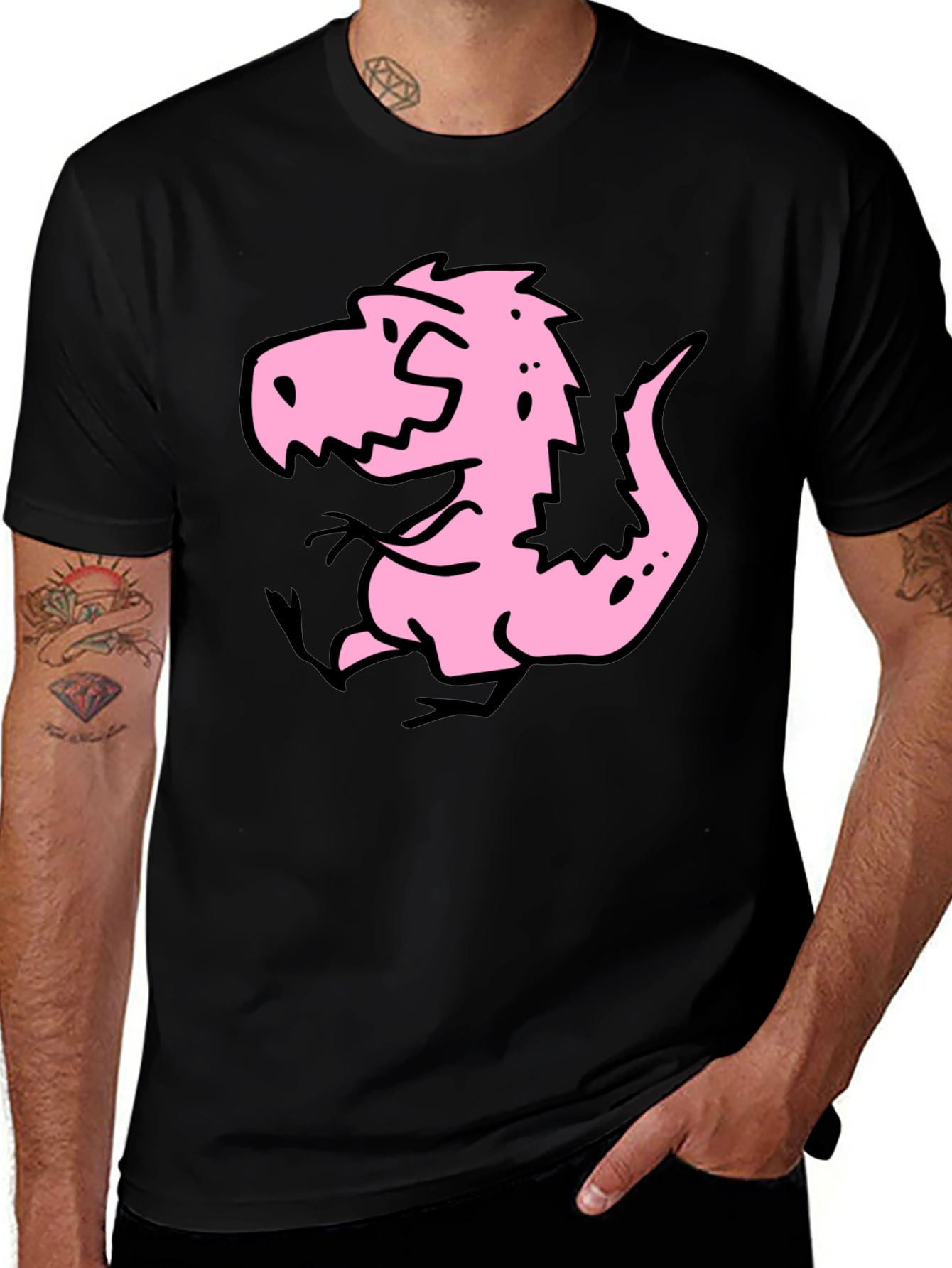 Cartoon Dino Graphic Tee - Black Cotton Shirt