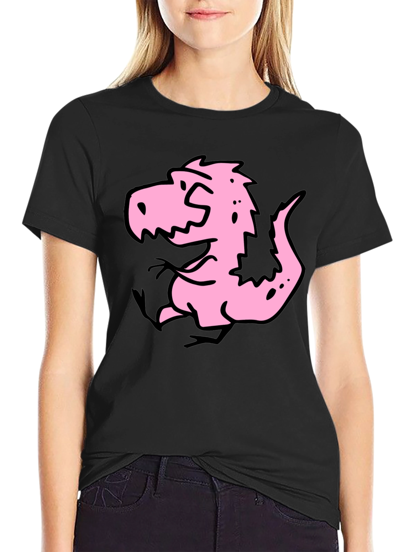 Cartoon Dino Graphic Tee - Black Cotton Shirt