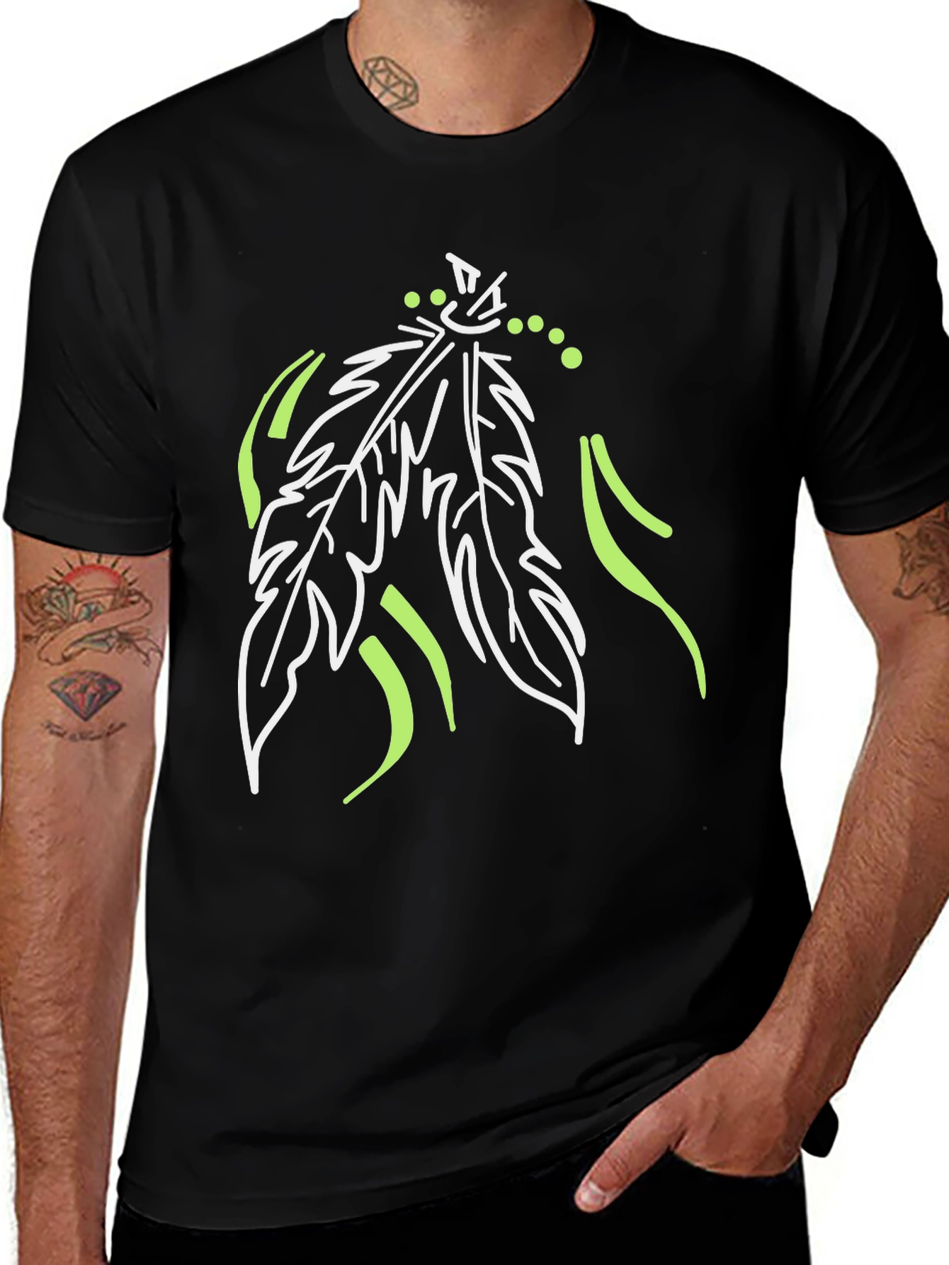 Unique Feather Design Black T-Shirt