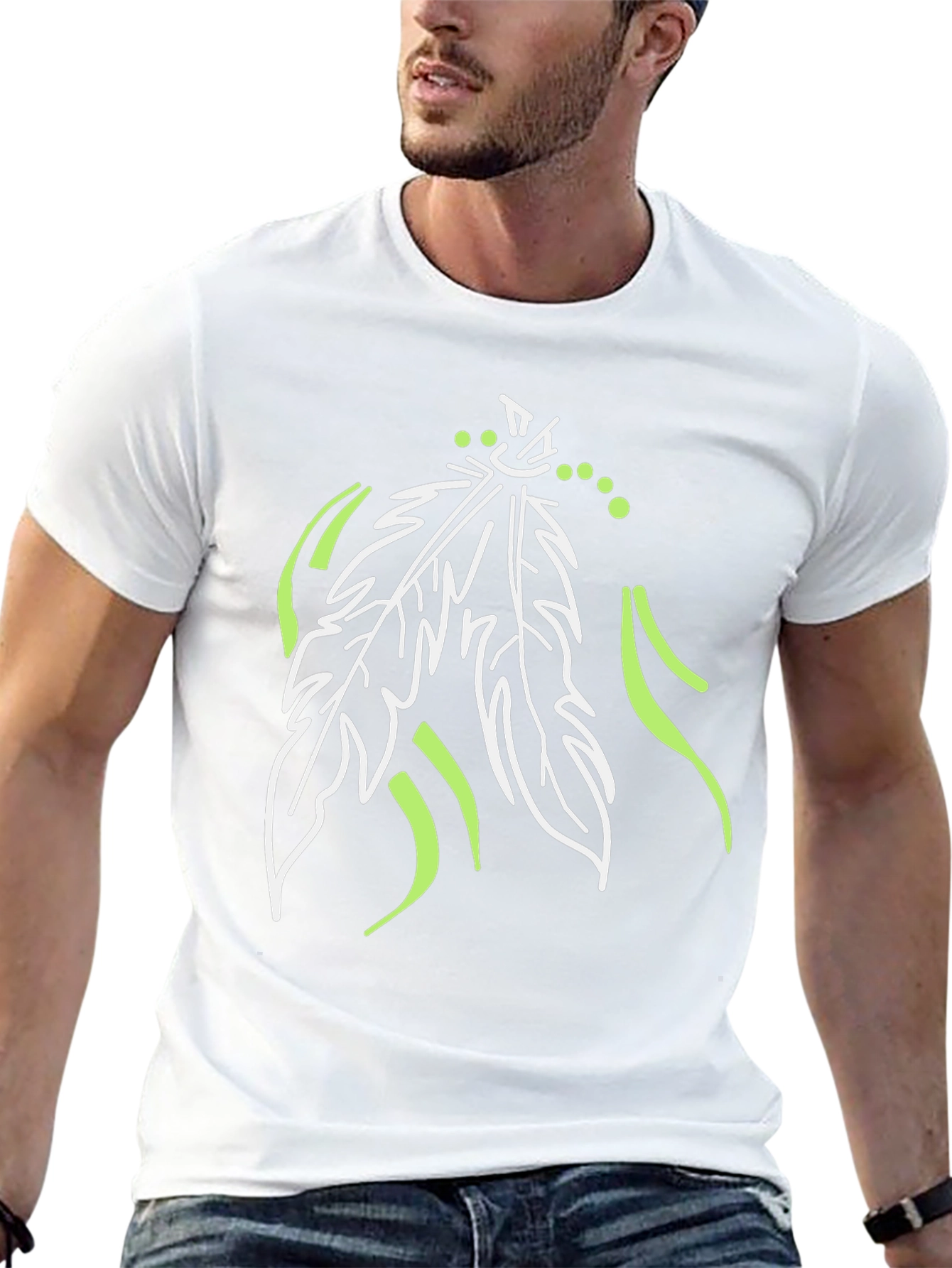 Unique Feather Design Black T-Shirt