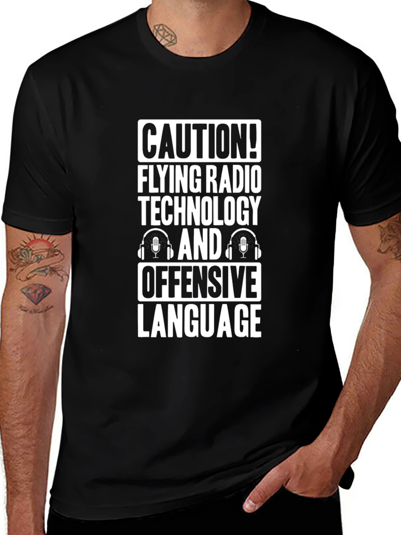 Caution! Flying Radio Technology Funny Black T-Shirt