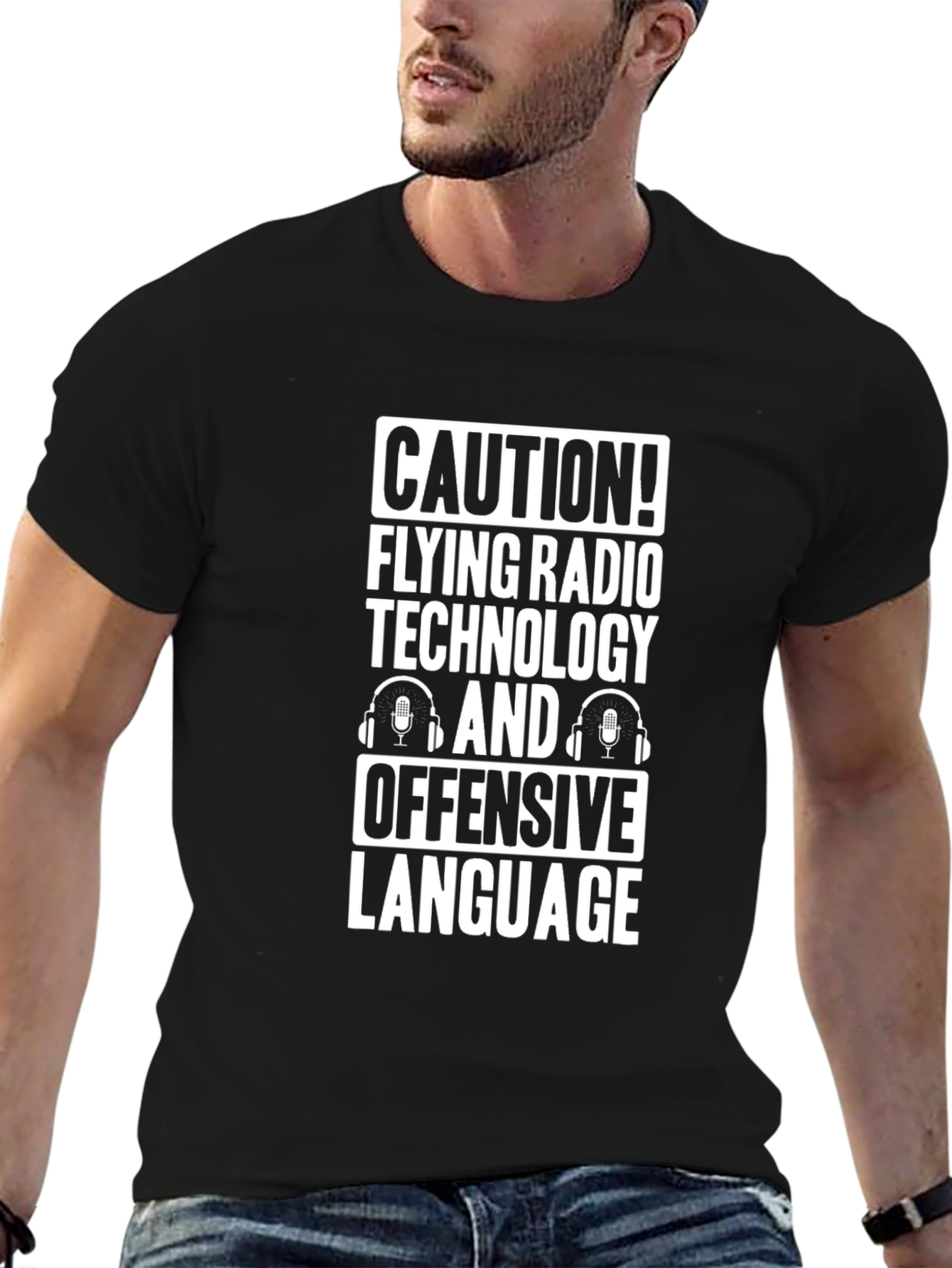 Caution! Flying Radio Technology Funny Black T-Shirt