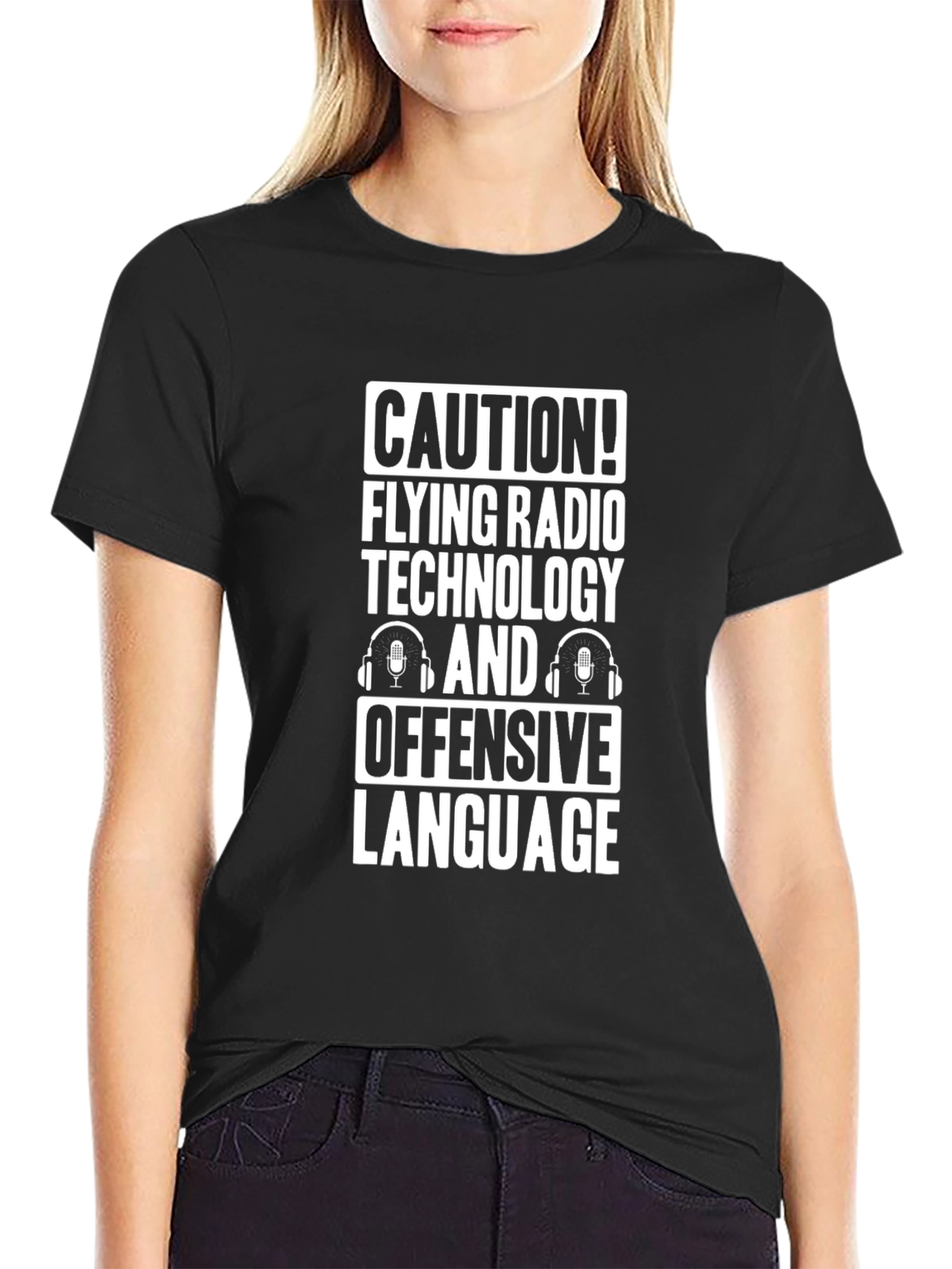 Caution! Flying Radio Technology Funny Black T-Shirt
