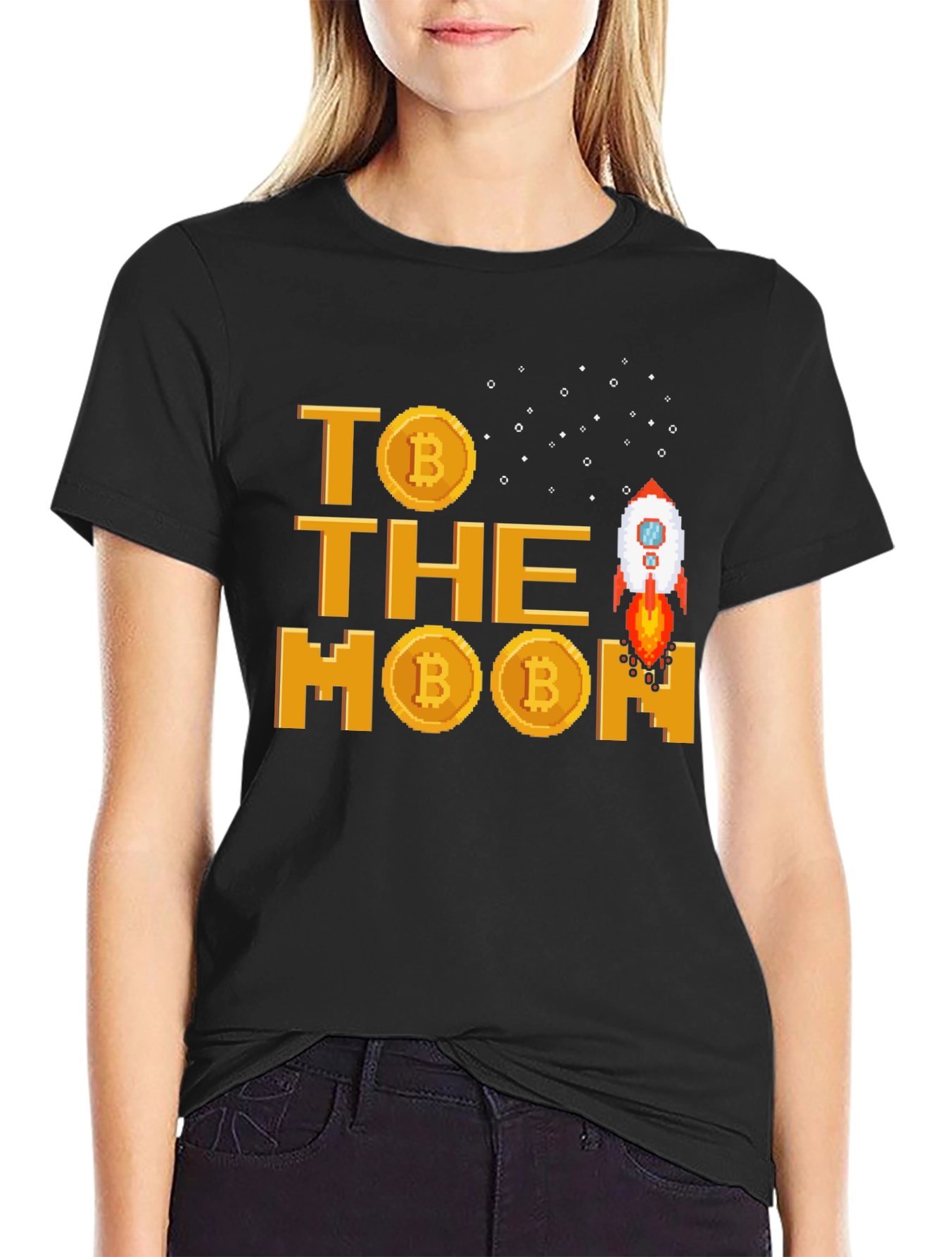 Bitcoin Crypto Rocket to the Moon Black T-Shirt