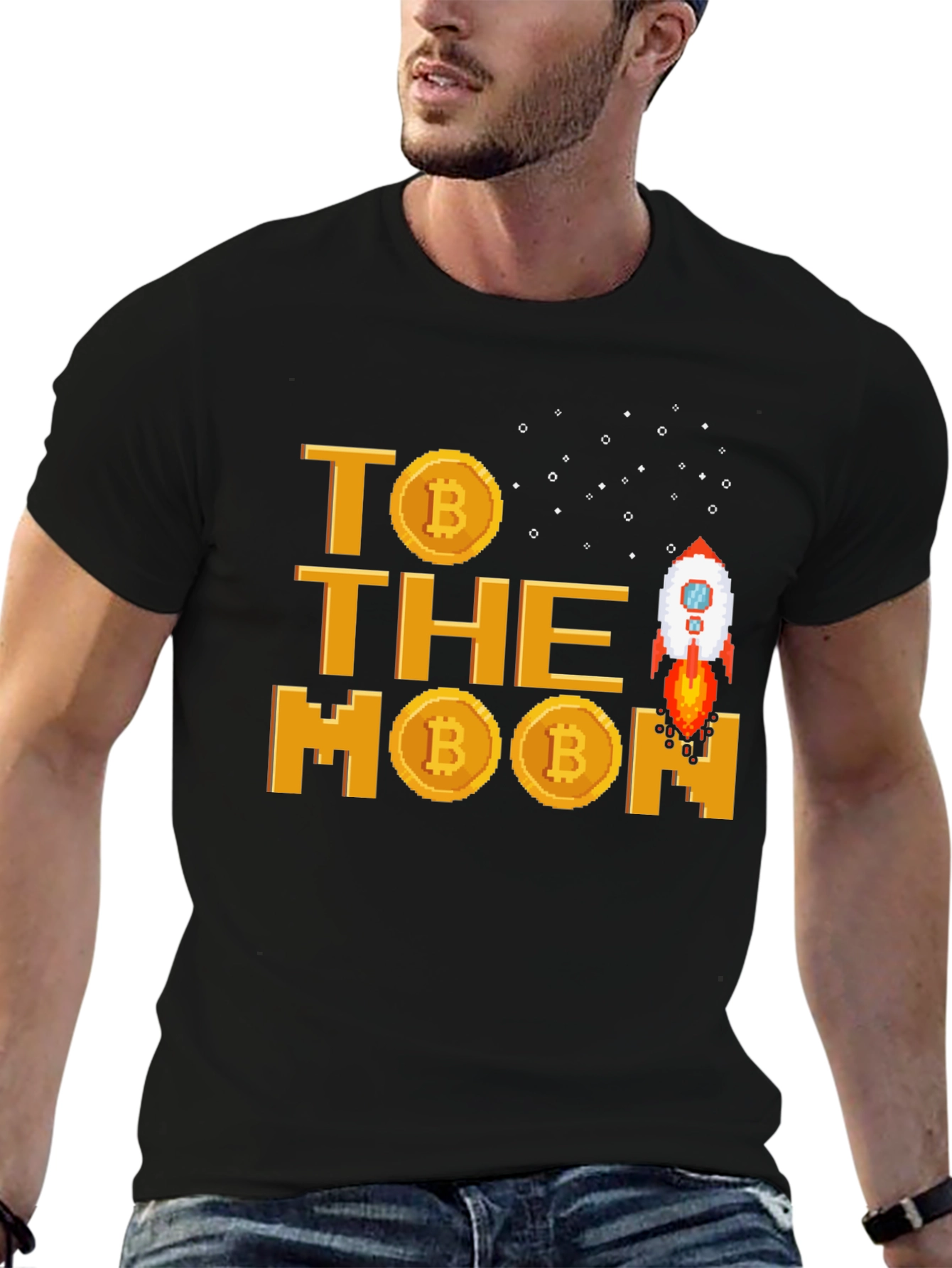 Bitcoin Crypto Rocket to the Moon Black T-Shirt