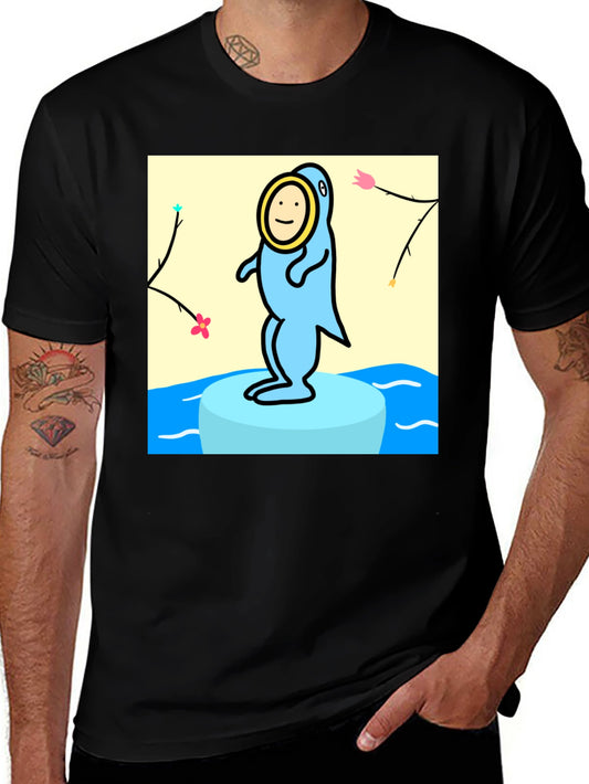 Cartoon Seal Graphic Tee - Black Cotton Casual Top