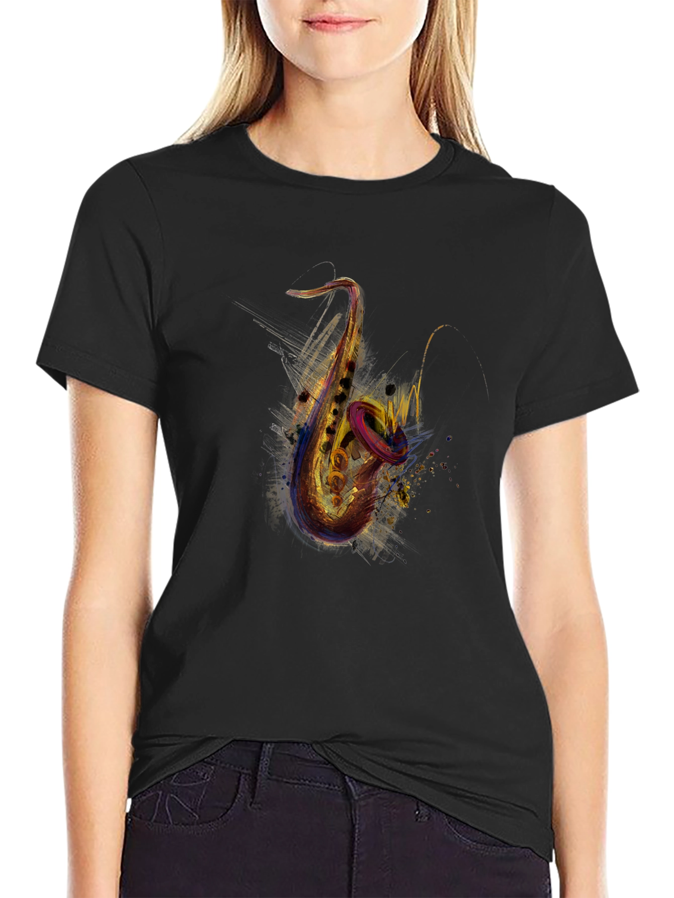 Saxophone Graphic Print Black T-Shirt