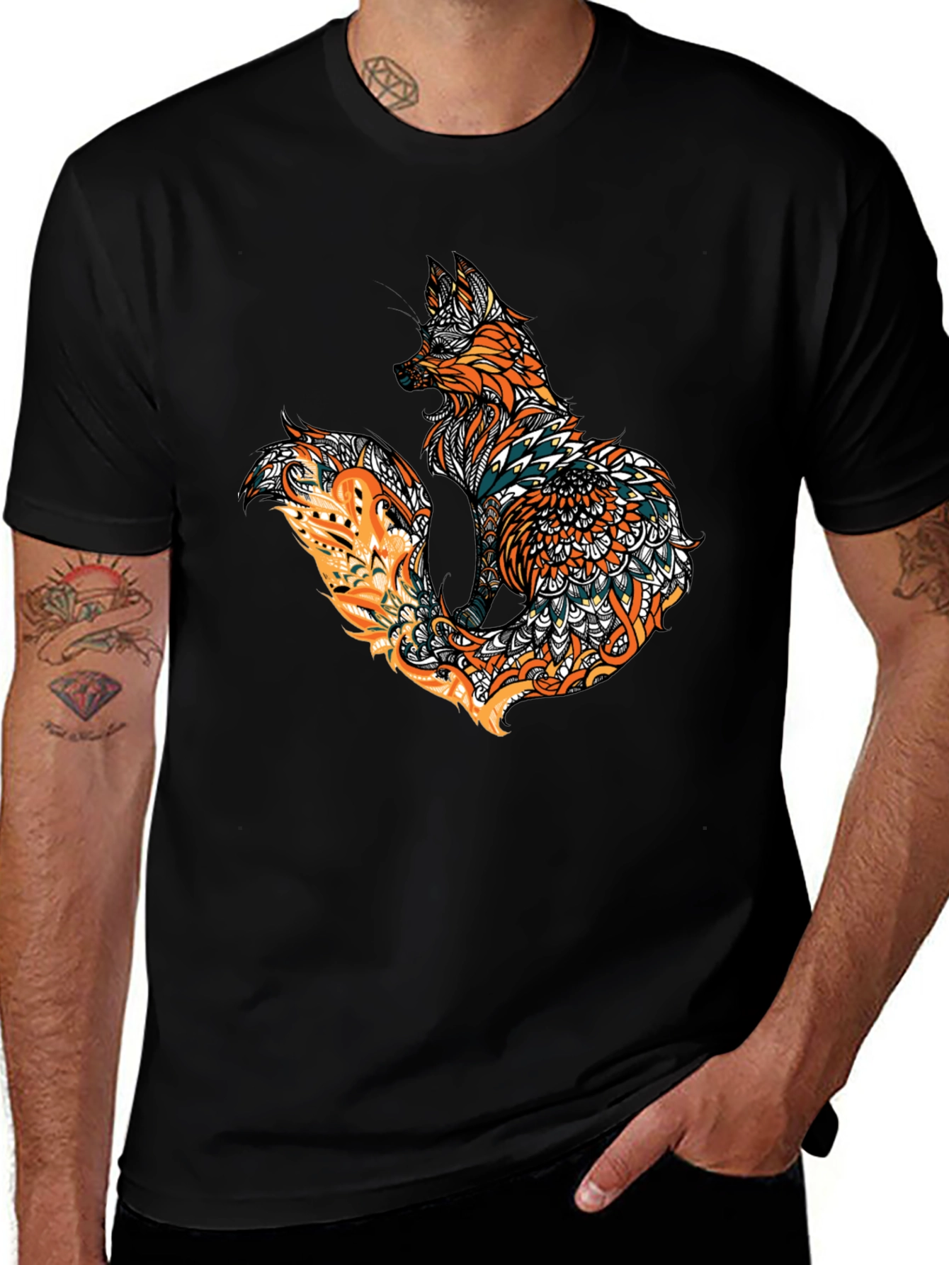 Fox Mandala Graphic Print Mens Black T-Shirt
