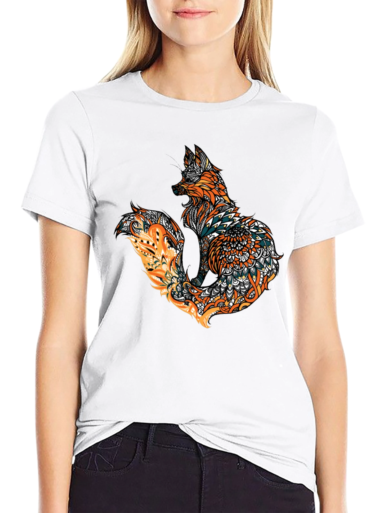 Fox Mandala Graphic Print Mens Black T-Shirt