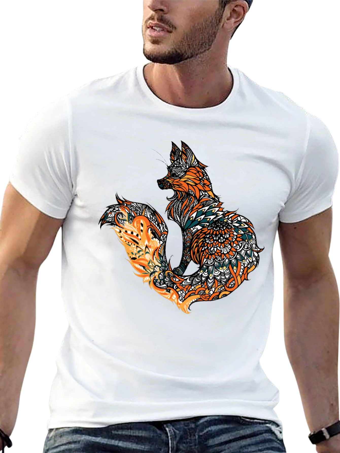Fox Mandala Graphic Print Mens Black T-Shirt