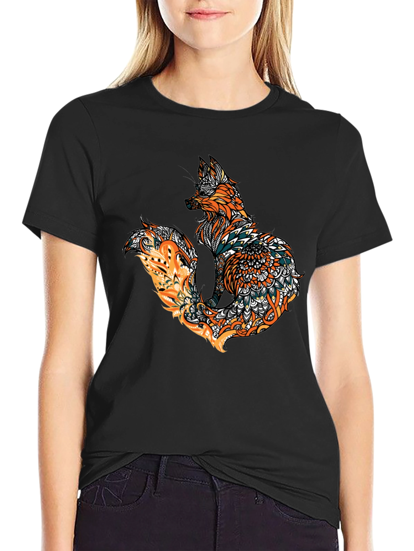 Fox Mandala Graphic Print Mens Black T-Shirt