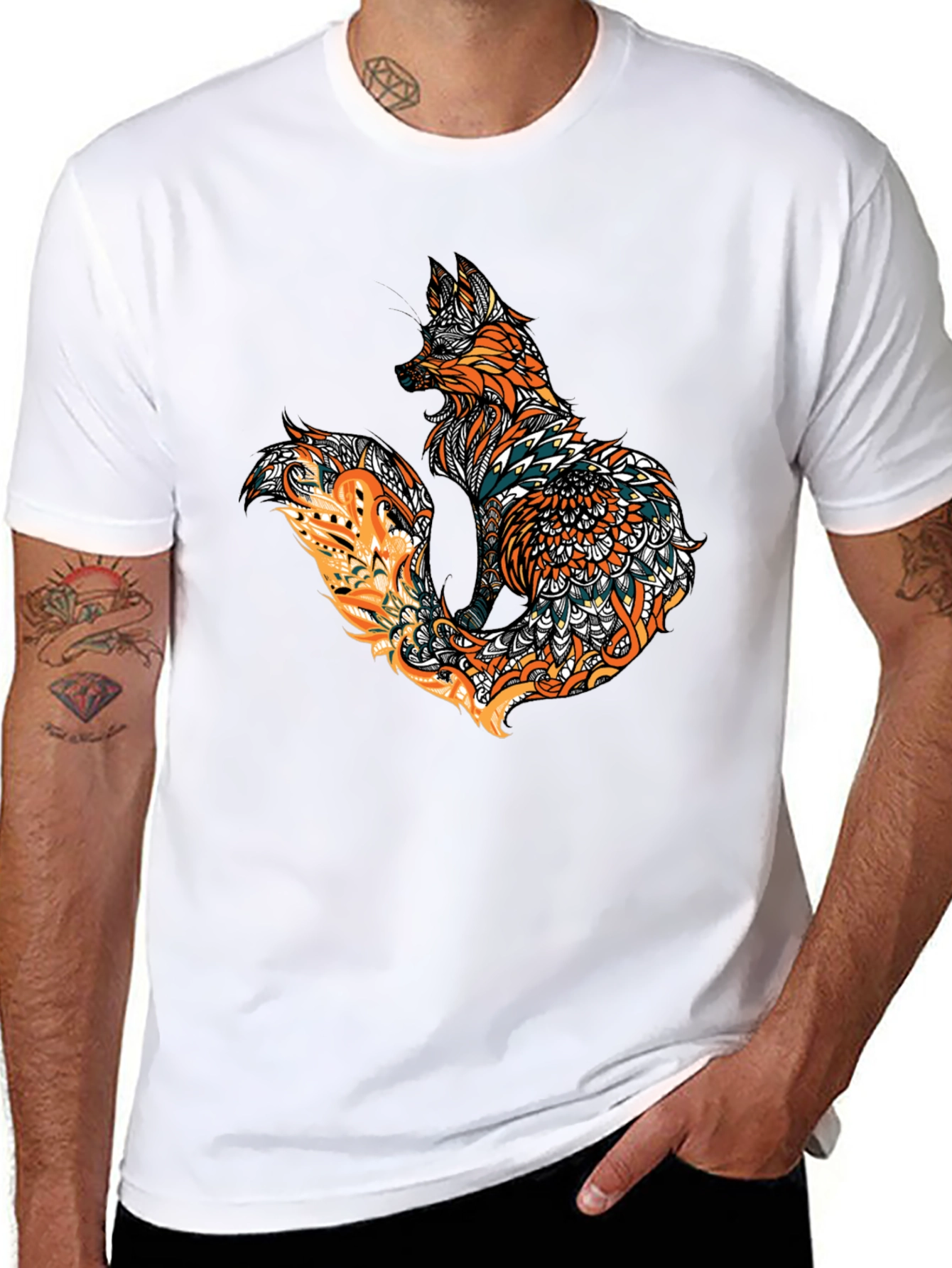 Fox Mandala Graphic Print Mens Black T-Shirt