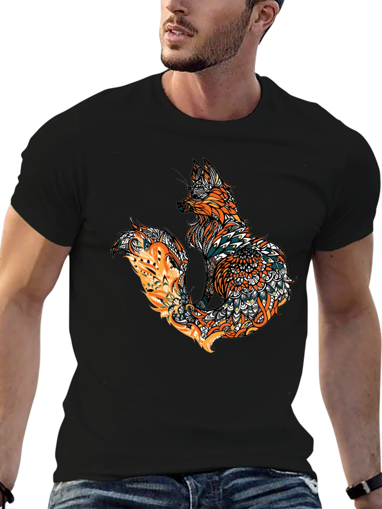 Fox Mandala Graphic Print Mens Black T-Shirt