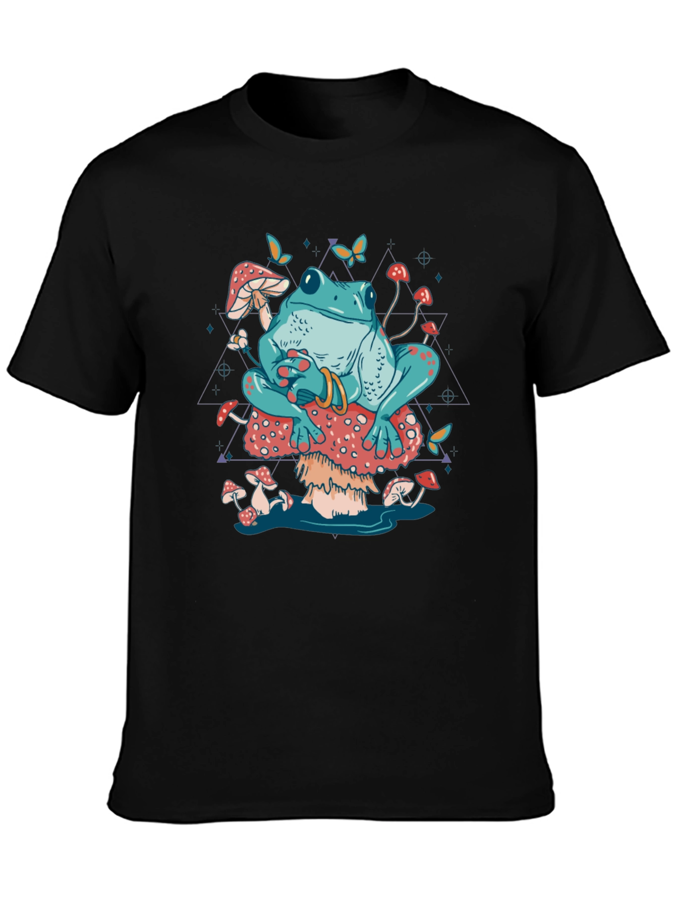 Frog on Mushroom T-Shirt - Trippy Toadstool Design