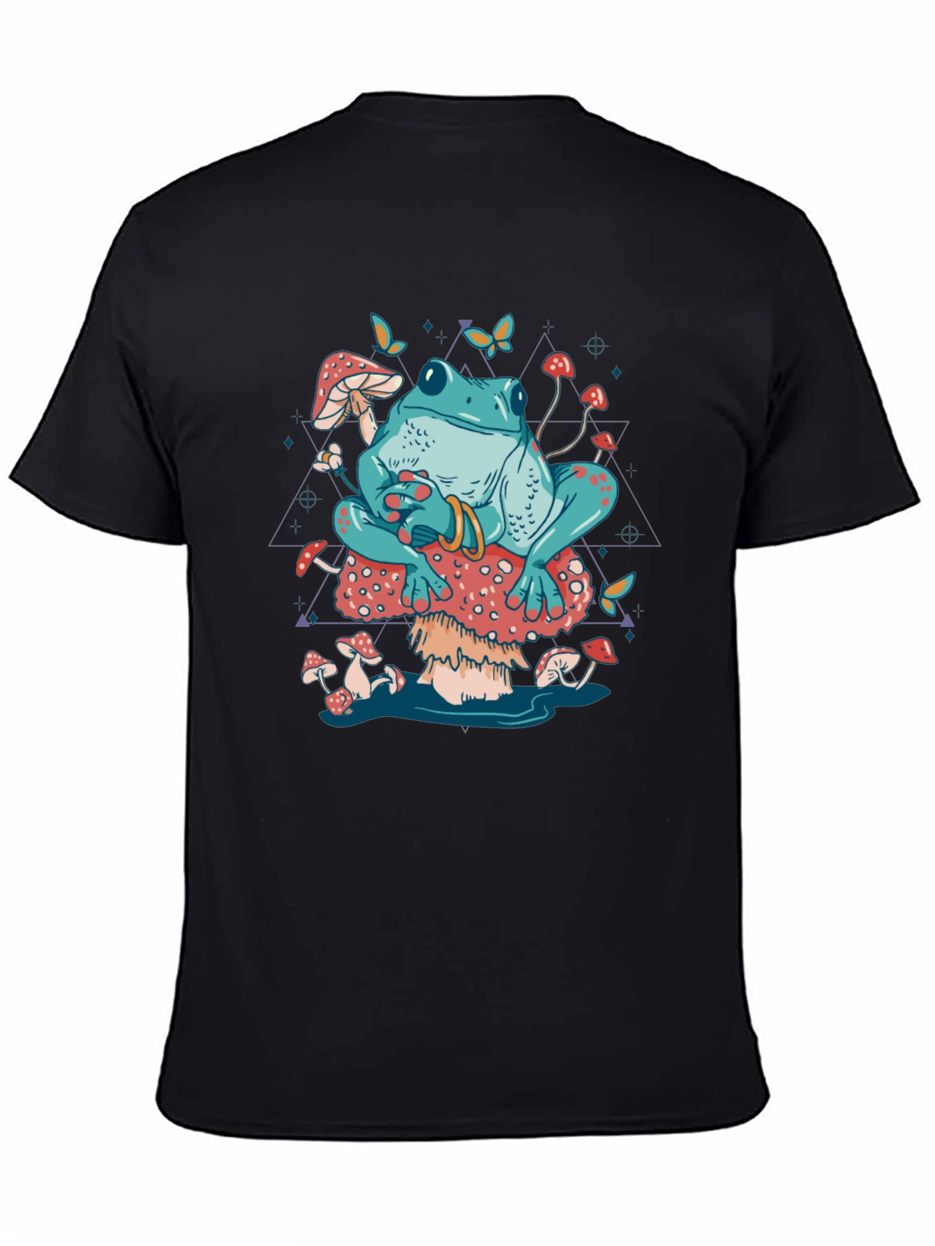Frog on Mushroom T-Shirt - Trippy Toadstool Design