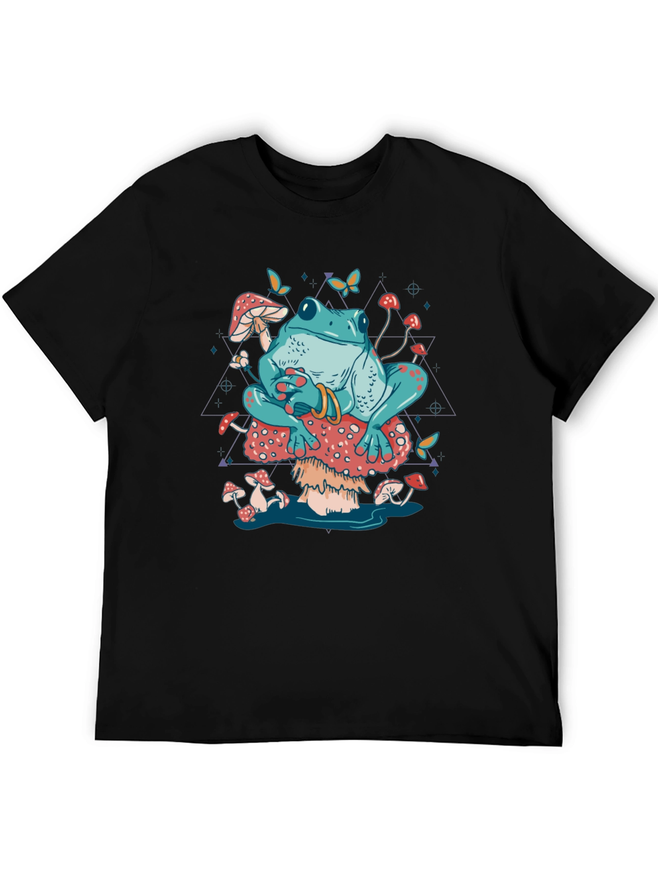 Frog on Mushroom T-Shirt - Trippy Toadstool Design