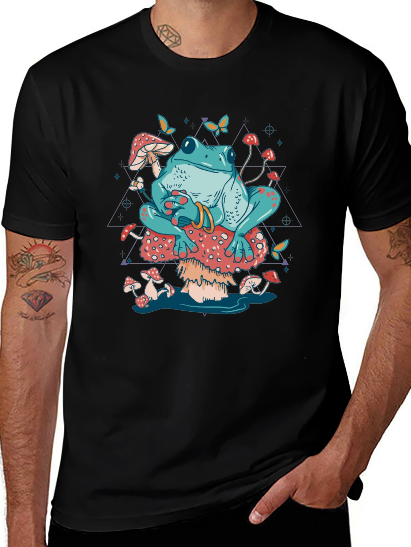 Frog on Mushroom T-Shirt - Trippy Toadstool Design