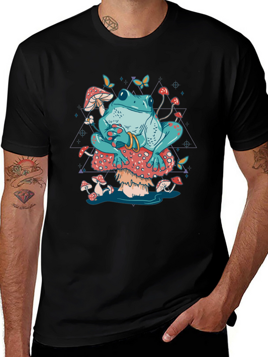 Frog on Mushroom T-Shirt - Trippy Toadstool Design