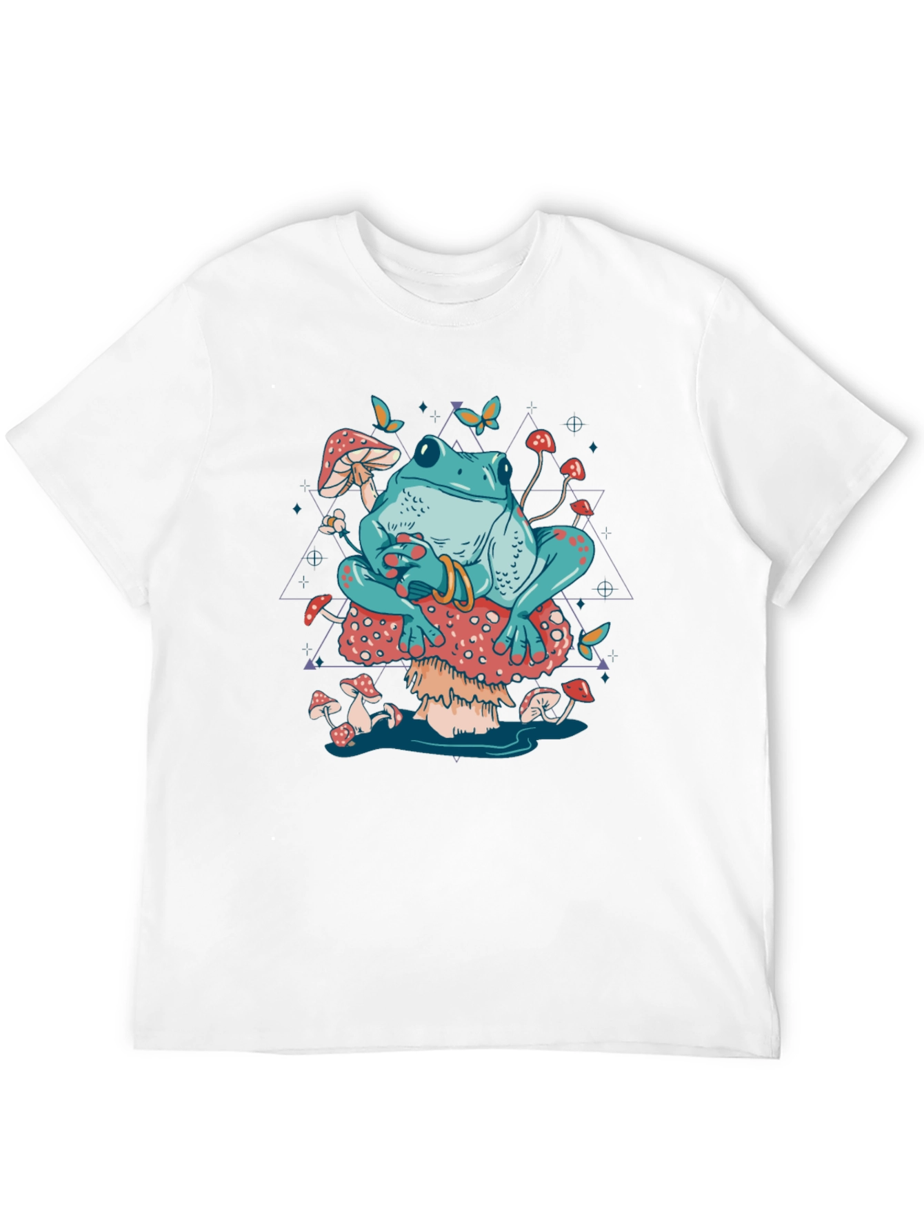 Frog on Mushroom T-Shirt - Trippy Toadstool Design