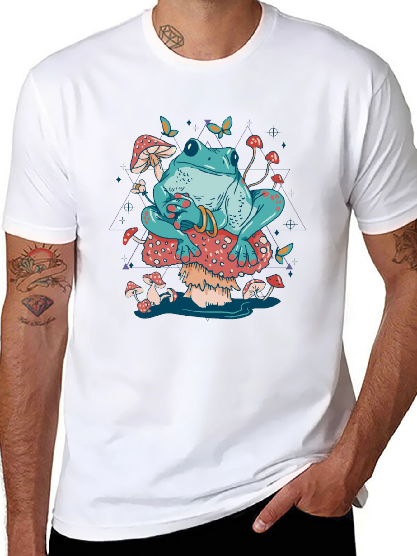 Frog on Mushroom T-Shirt - Trippy Toadstool Design