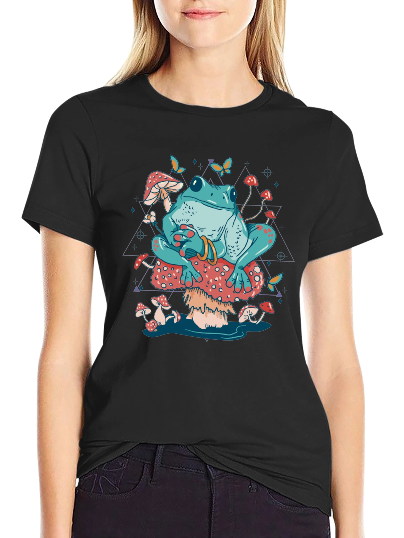 Frog on Mushroom T-Shirt - Trippy Toadstool Design