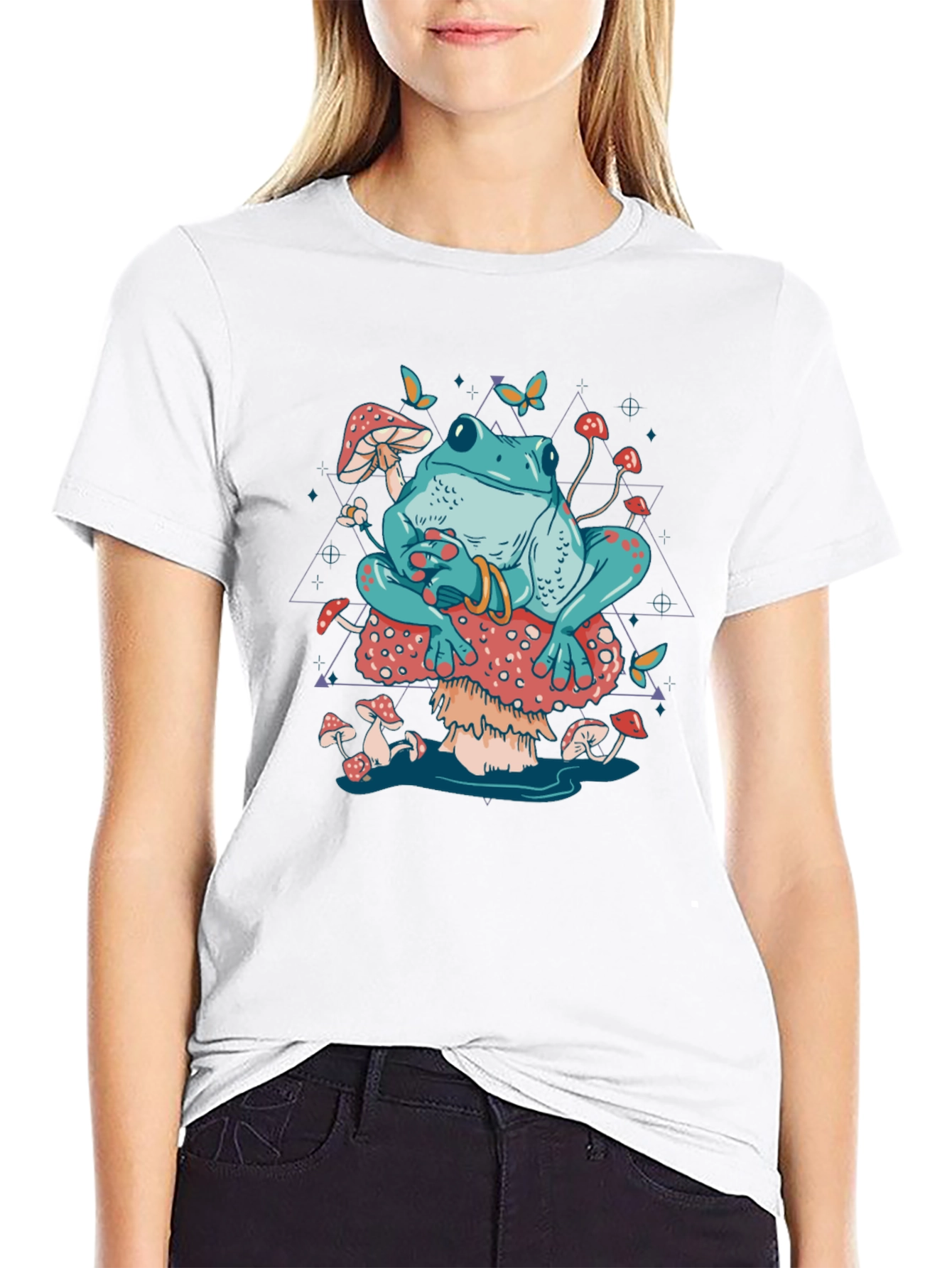 Frog on Mushroom T-Shirt - Trippy Toadstool Design