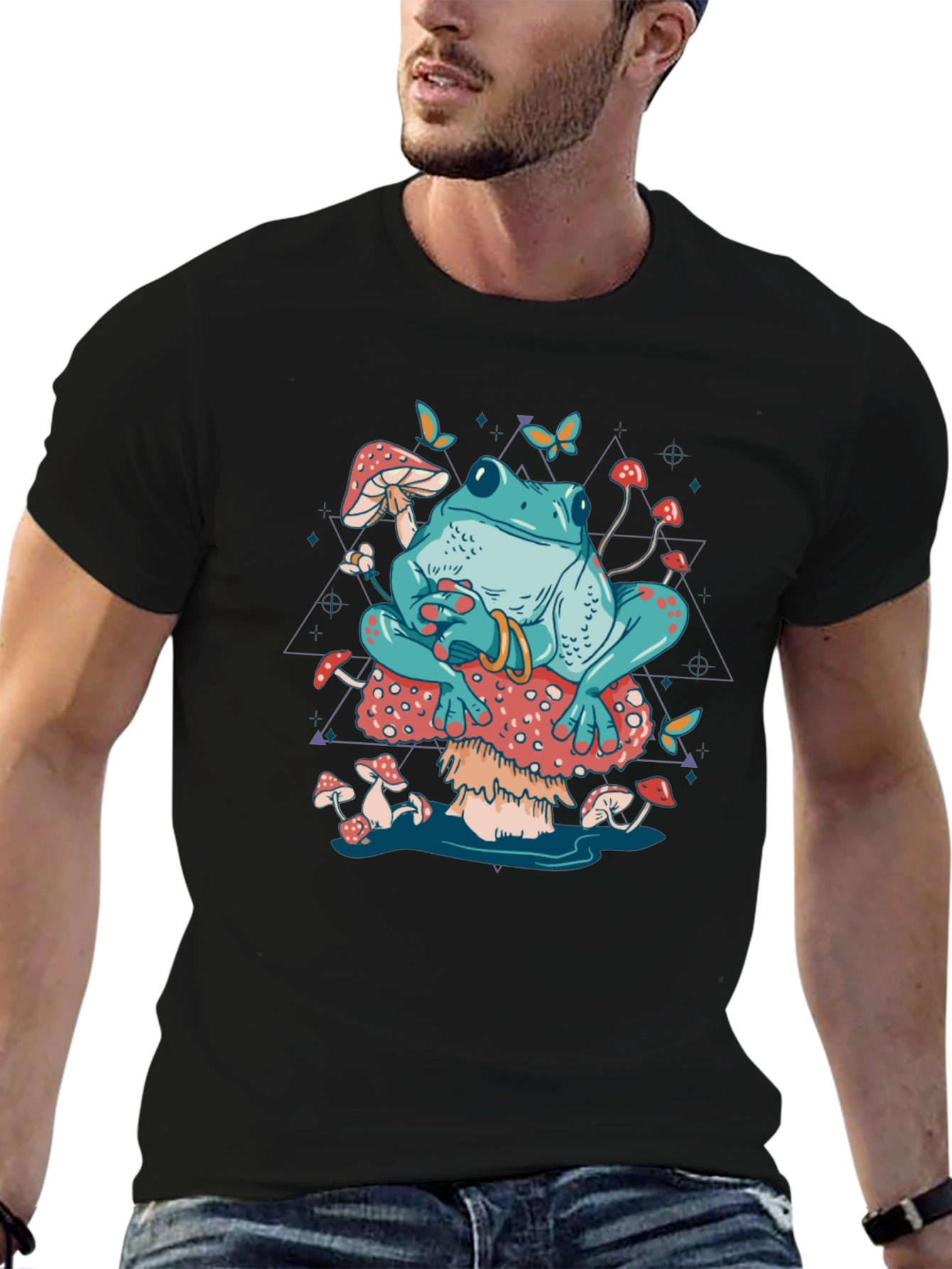Frog on Mushroom T-Shirt - Trippy Toadstool Design