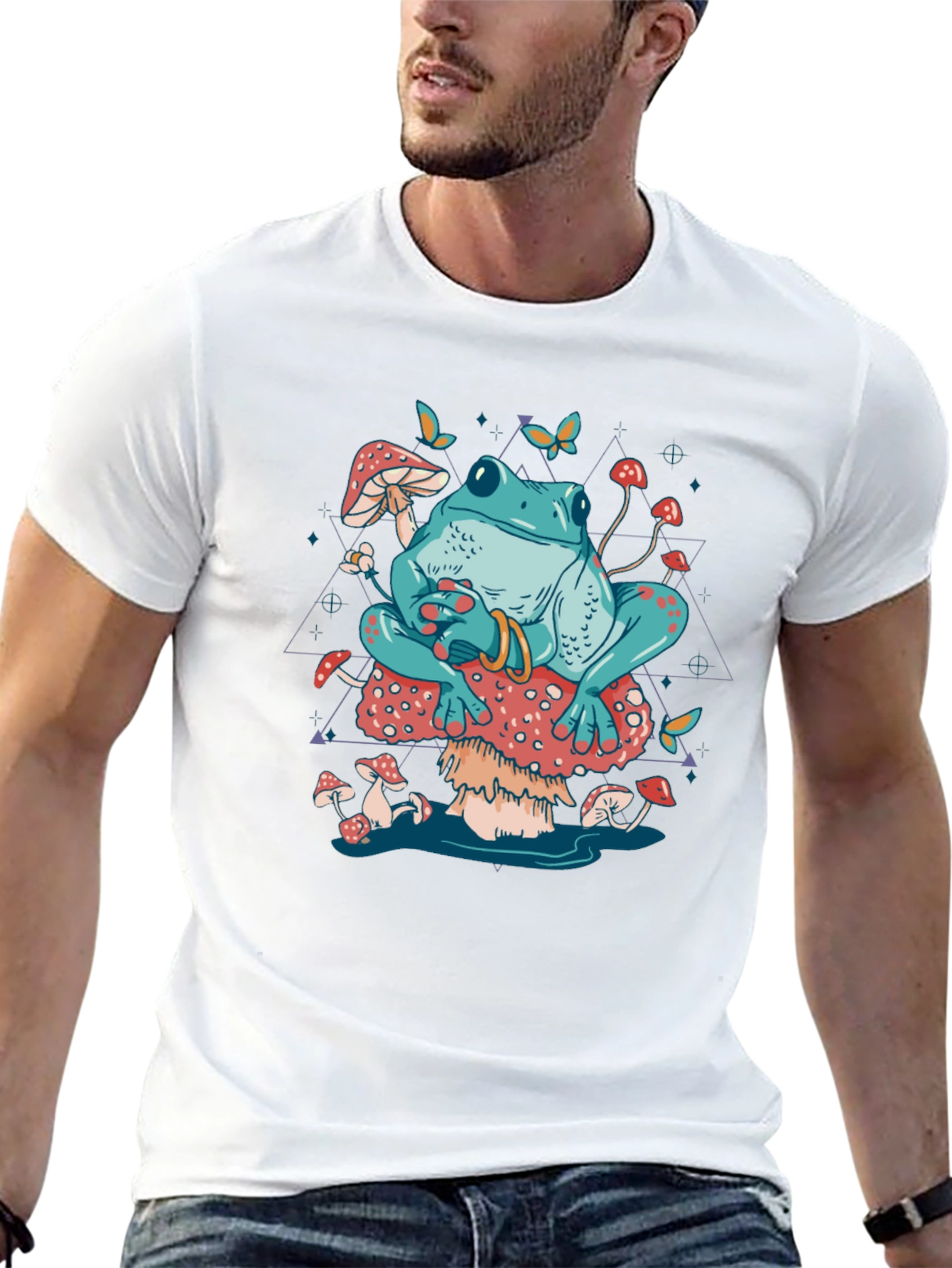 Frog on Mushroom T-Shirt - Trippy Toadstool Design