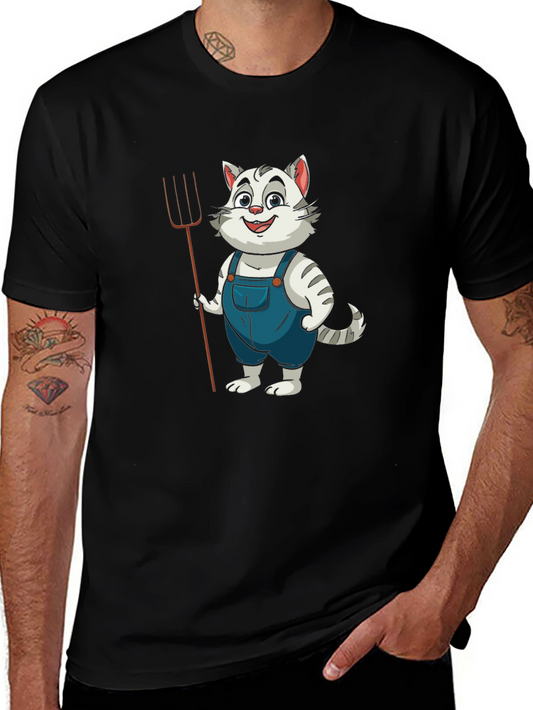 Cartoon Cat Farmer Black T-Shirt