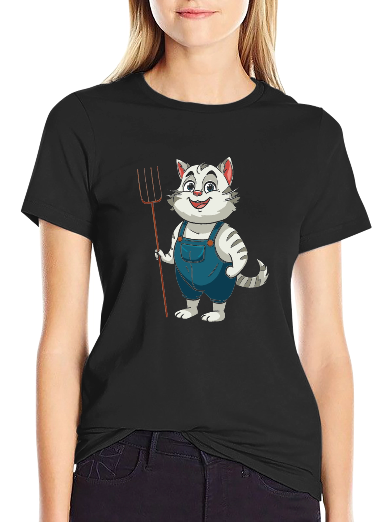 Cartoon Cat Farmer Black T-Shirt