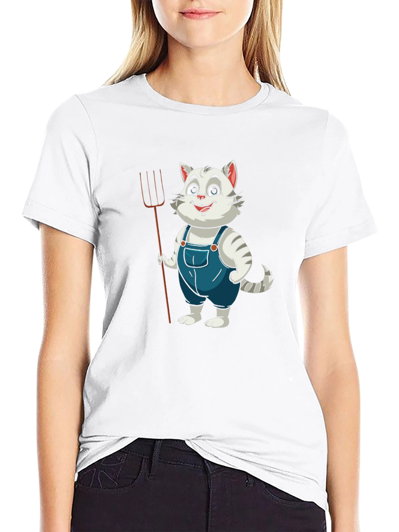 Cartoon Cat Farmer Black T-Shirt