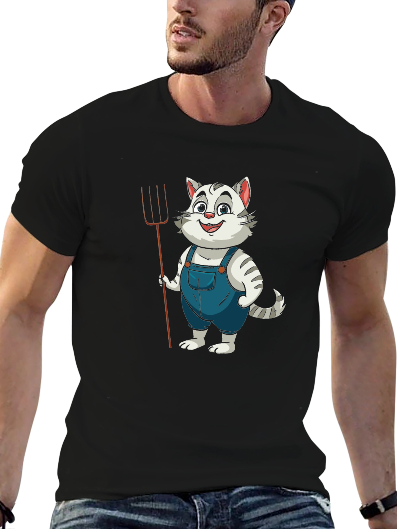 Cartoon Cat Farmer Black T-Shirt
