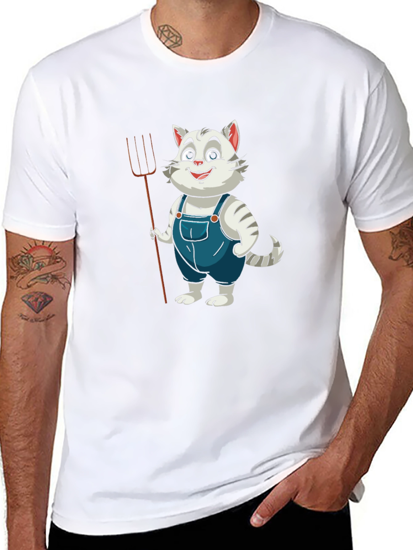 Cartoon Cat Farmer Black T-Shirt