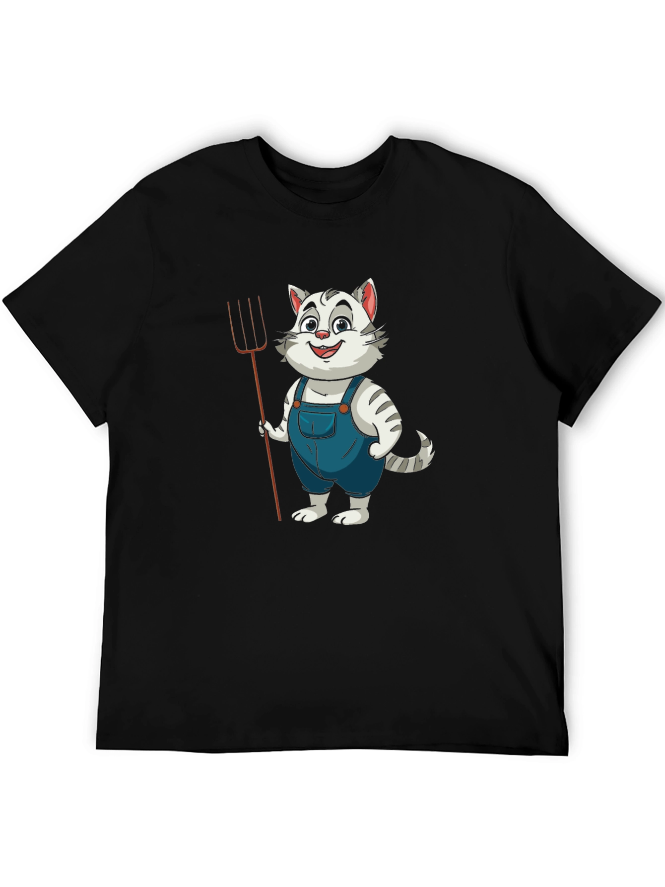 Cartoon Cat Farmer Black T-Shirt