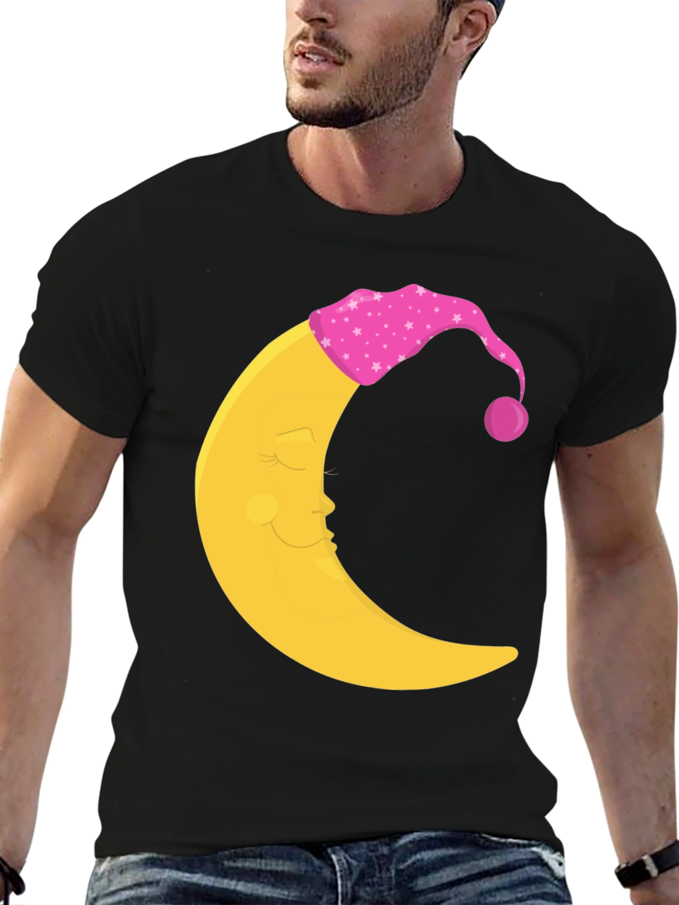 Sleepy Moon Graphic Tee - Black Cotton Comfort
