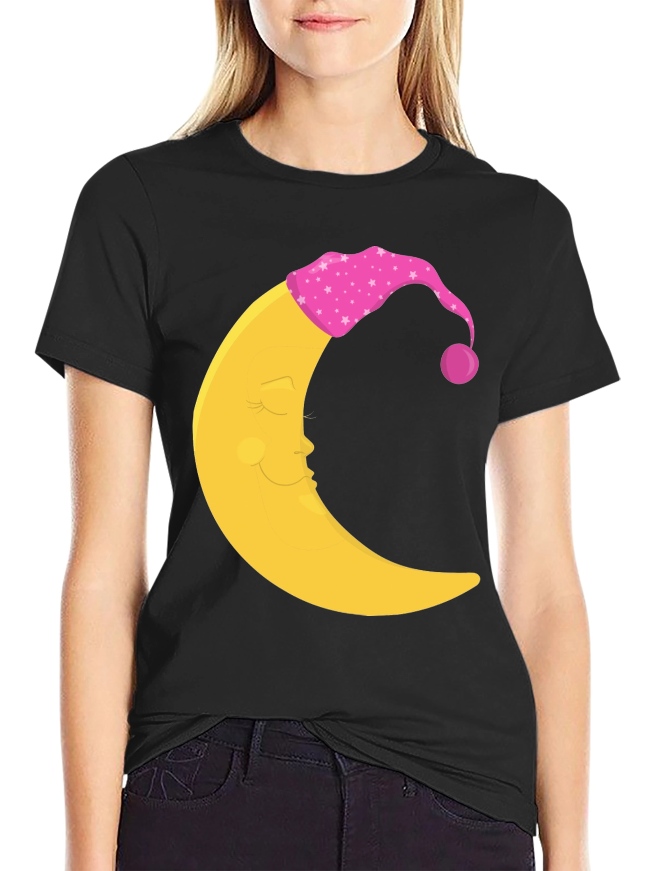 Sleepy Moon Graphic Tee - Black Cotton Comfort