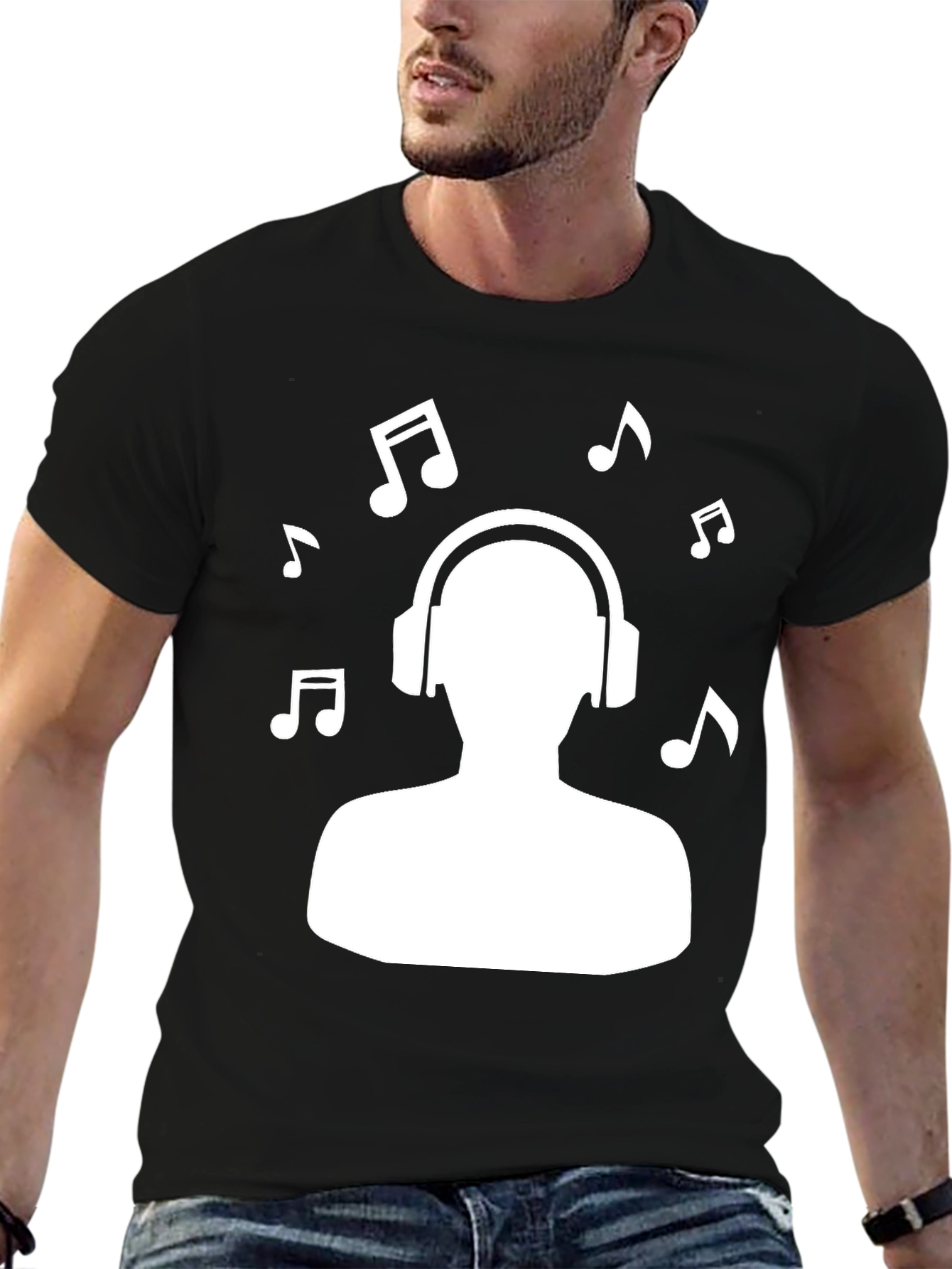Music Lover Graphic Tee - Headphones & Notes Design