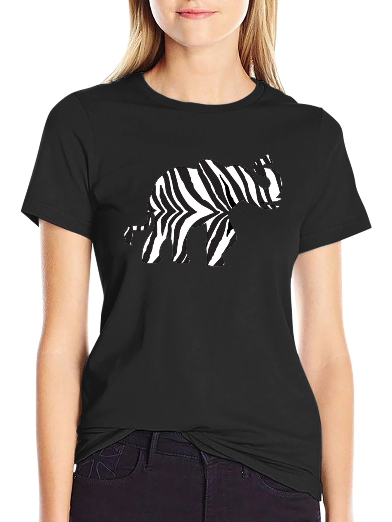 Zebra Elephant Print Black T-Shirt