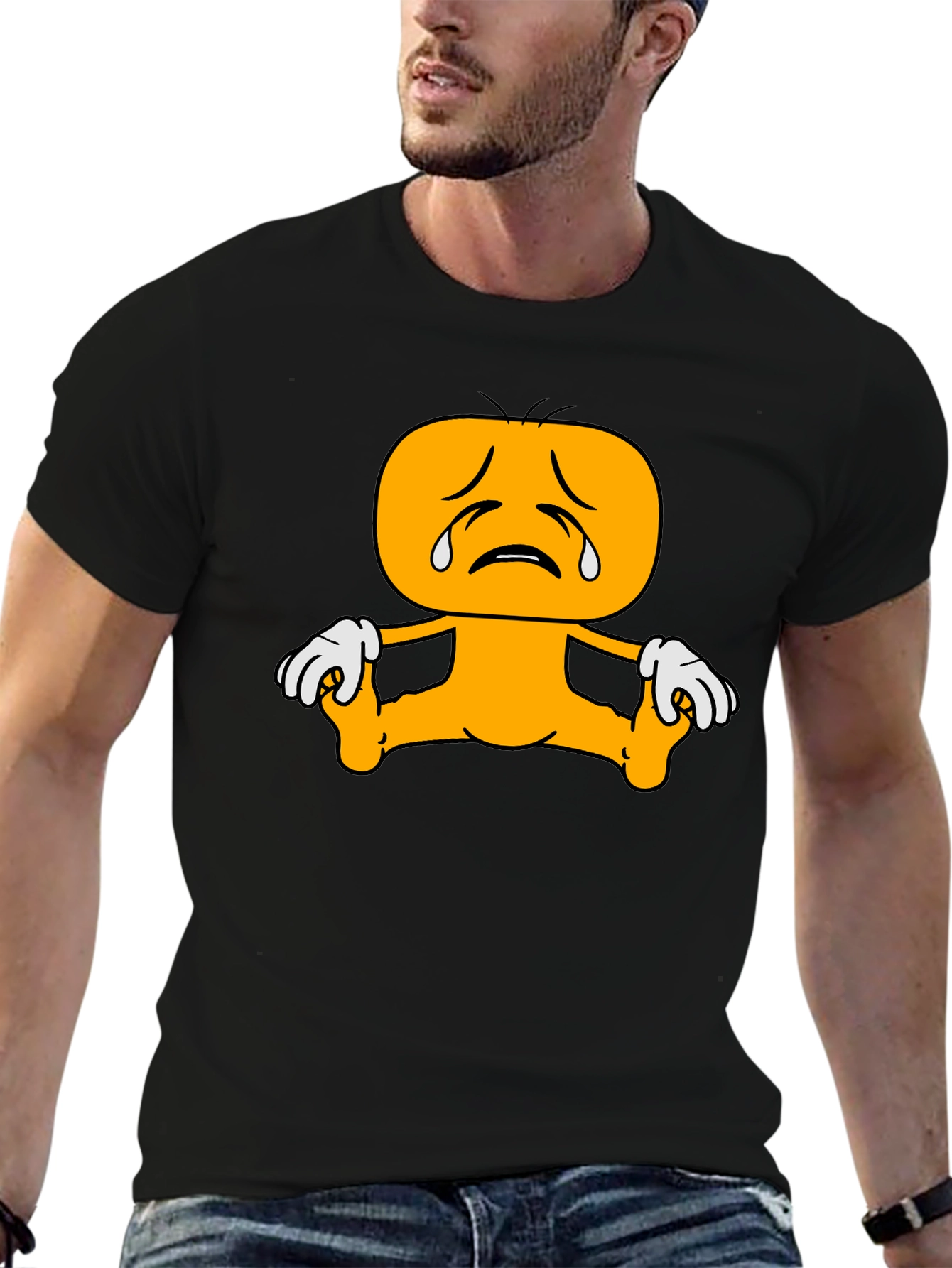 Sad Cartoon Character Graphic Tee - Black