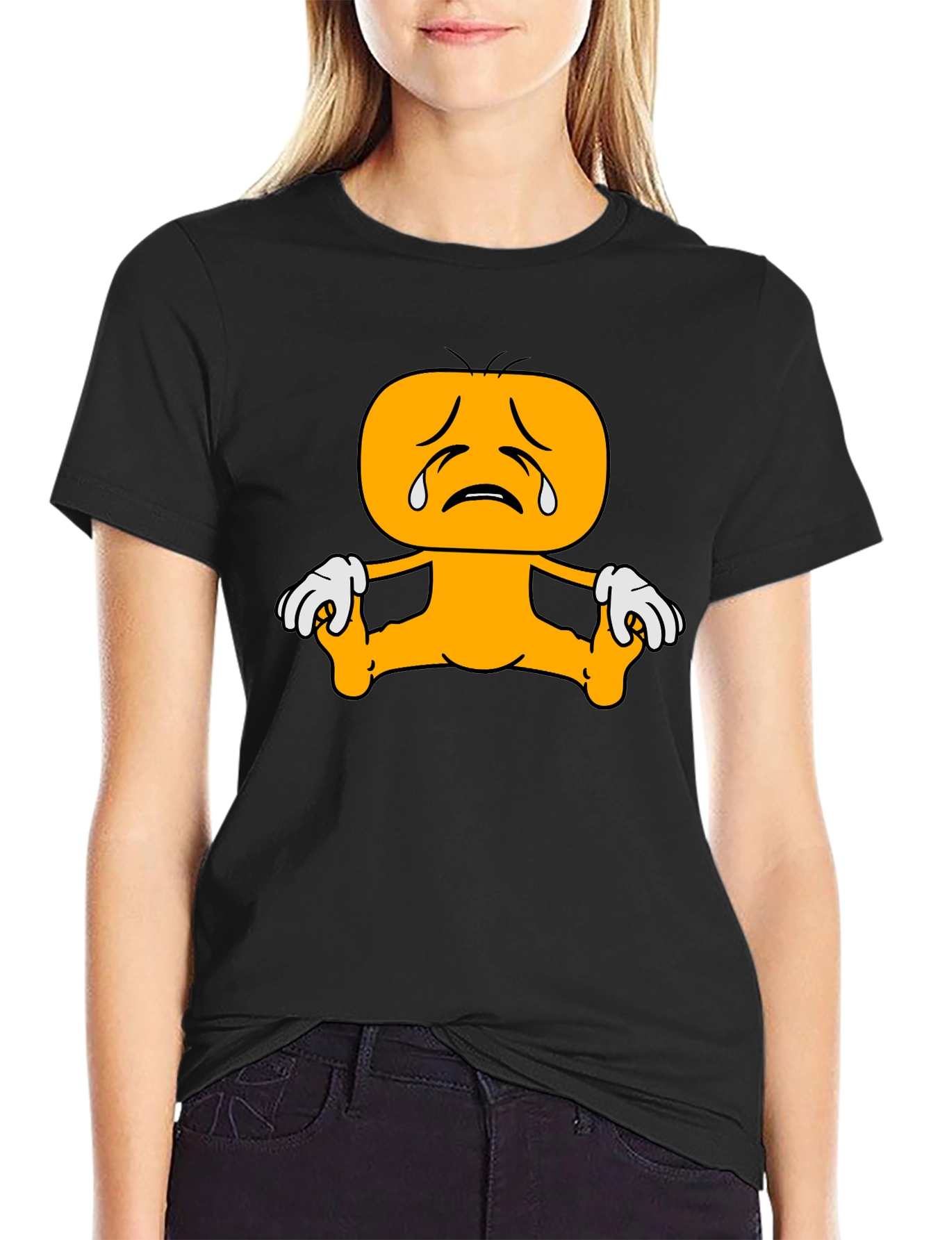Sad Cartoon Character Graphic Tee - Black
