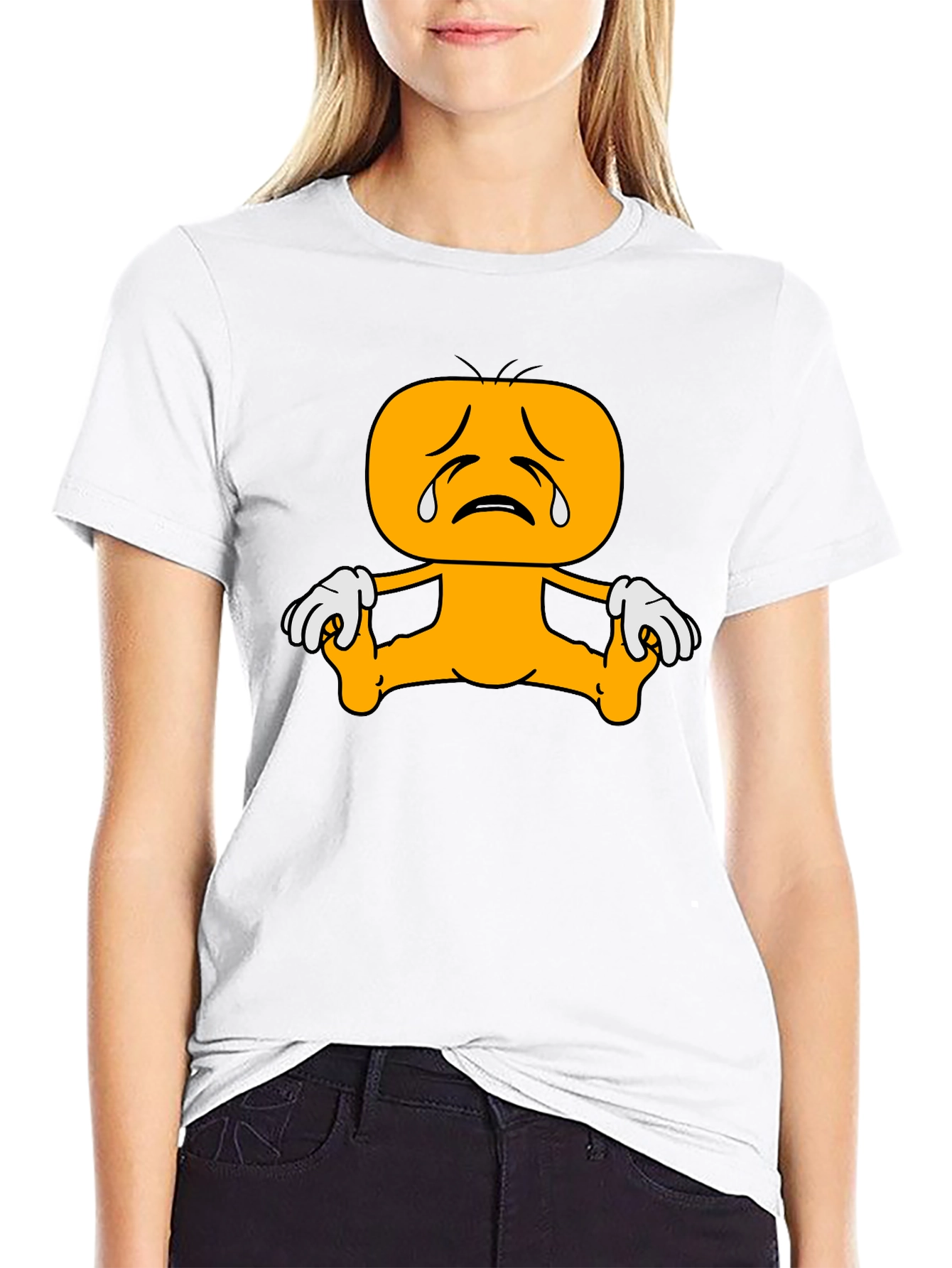 Sad Cartoon Character Graphic Tee - Black