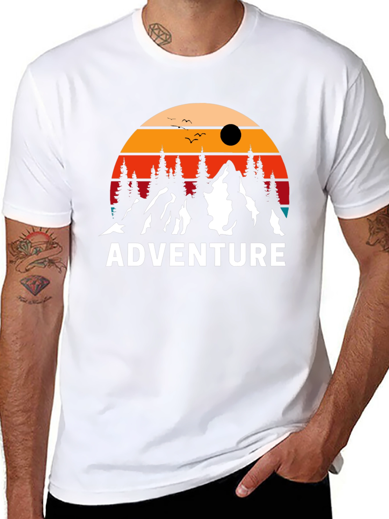 Adventure Graphic Tee: Retro Mountain Sunset Design